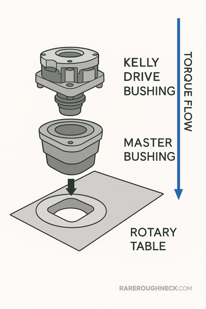 Technical line drawing showing an exploded view of a rotary table assembly in a drilling rig with labeled parts: Kelly Drive Bushing, Master Bushing, and Rotary Table. A blue arrow indicates torque flow direction from top to bottom.